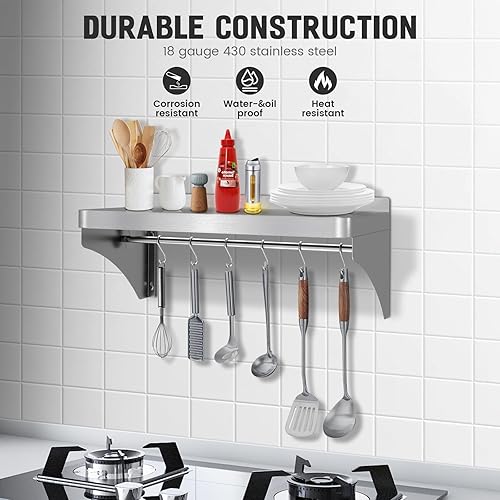 12'x24' Stainless Steel Shelf, Stainless Metal Steel Shelf Wall Mounted with 6 Hooks for Restaurant, Bar, Utility Room and Garage - Poueer