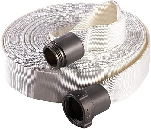 Fire Hose - 1' x 50' Lay Flat Water Hose - Made in the USA - White Forestry Firefighter Hose - Aluminum NPSH Couplings - Poueer