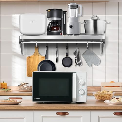 12'x24' Stainless Steel Shelf, Stainless Metal Steel Shelf Wall Mounted with 6 Hooks for Restaurant, Bar, Utility Room and Garage - Poueer