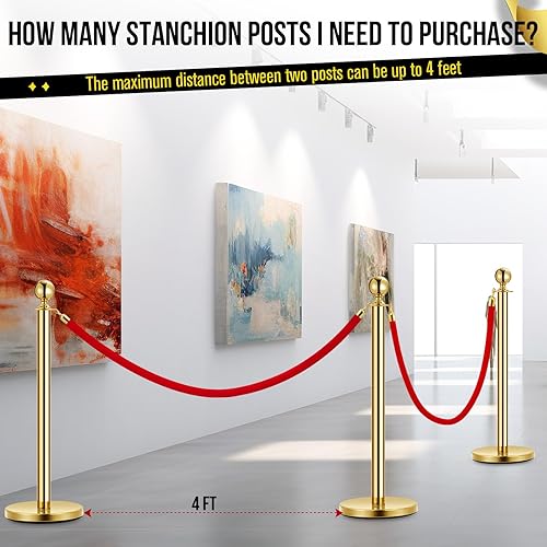 Stanchion Post with Velvet Rope, VIP Stanchion Queue Pole Barrier Posts, Red Carpet Stanchion Set, Gold 10-Pack - Poueer