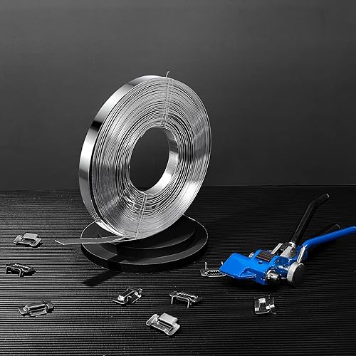 Amylove 1 Roll 304 Stainless Steel Strapping Band Coil, 100 Feet x 0.75 Inch x 0.03 Inch Steel Strapping Roll, Strap Metal Banding Tools in Plastic Self Dispensed Case with Handle - Poueer