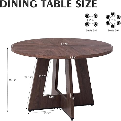 47' Round Dining Table for 4 6 People, [Fanned Base] [1.38' Thick Top] Farmhouse Wood Kitchen Table for Dining Living Room Home, Natural - Poueer