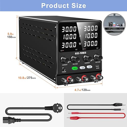 NICE-POWER Dual DC Power Supply Variable: 30V 10A Adjustable Switching Regulated Series (60V 10A) Parallel (30V 20A) High Precision 5V/2A USB Port Bench Lab Power Supplies - Poueer