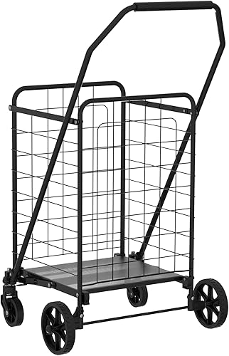 Shopping Cart with Shelf,Grocery Cart on Wheels, Foldable Utility Shopping Carts with Double Basket and 360° Rolling Swivel Wheels for Groceries Laundry - Poueer