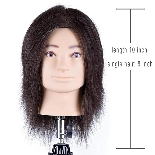HAIRWAY Male Mannequin Head Human Hair 8 Inch Hairdresser Practice Mannequin Head with 100% Real Human Hair Cosmetology Styling Training Manikin Doll Head with Table Stand Clamp (Natural Black) - Poueer