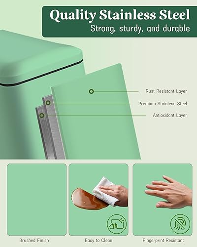 12 Gallon Trash Can, Stainless Steel Trash Can with Fingerprint-Resistant, Removal Inner Buck &Soft Close Plastic Lid, Step Garbage Can for Kitchen and Office, 45 Liter Capacity - Poueer