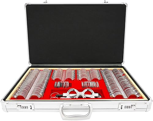 266Pcs Optical Trial Lens Set Optometry Kit Metal Rim Ophthalmic Lenses + Aluminum Case + Trial Frame + Cross Cylinders (266Pcs/Set) - Poueer