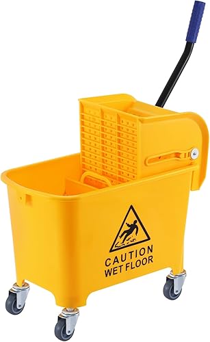 Samger Heavy Duty Mop Bucket with Wringer on Wheels, 5 Gallon Plastic Tandem Mopping Bucket, 21 Quart Portable Mop Bucket for Household Commercial Use Yellow - Poueer