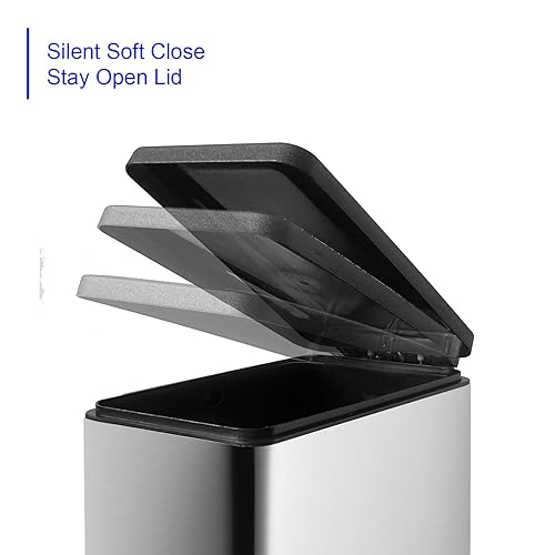 12 Gallon Trash Can, Stainless Steel Trash Can with Fingerprint-Resistant, Removal Inner Buck &Soft Close Plastic Lid, Step Garbage Can for Kitchen and Office, 45 Liter Capacity - Poueer