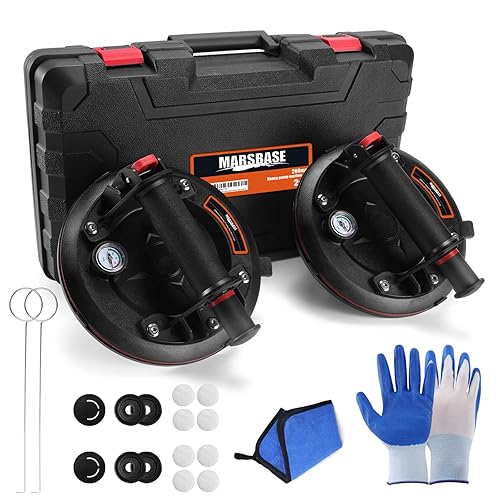 8' Heavy Duty Suction Cups with Pressure Gauge, Glass Suction Cups to Lift Large Glass, 2 Pack 880 lbs Load Capacity, Suction Cups with Carrying Case for Window,Tiles, Windshield - Poueer