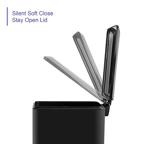 12 Gallon Trash Can, Stainless Steel Trash Can with Fingerprint-Resistant, Removal Inner Buck &Soft Close Plastic Lid, Step Garbage Can for Kitchen and Office, 45 Liter Capacity - Poueer