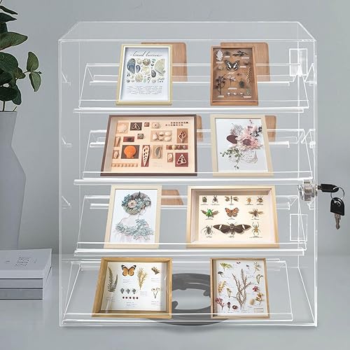 4 Tiers Rotating Acrylic Display Case, Clear Acrylic Eyewear Showcase with V-Shaped Shelves & Lock, Countertop Display Box for Jewelry, Watches, Glasses - Poueer