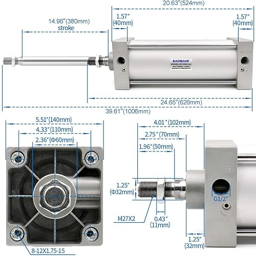 Baomain Pneumatic Air Cylinder SC 125-380 Pneumatic Air Cylinder,PT 1/2,Bore 4.92 inch(125 mm),Stroke 14.96 inch(380mm),Screwed Piston Rod Dual Action 1 Mpa,for Manufacturing - Poueer