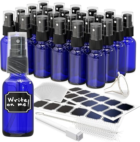 Nevlers 48 Pack Blue 1 Oz Glass Spray Bottle | The Blue Misting Glass Bottles Includes Sprayers, a Funnel & Brush with Bonus Labels to Easily Identify its Contents - Poueer
