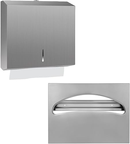 Stainless Steel Toilet Seat Cover Dispenser & Wall Mounted 250 C Fold/300 Multifold Towels Capacity Paper Towel Dispenser Bundle - Poueer