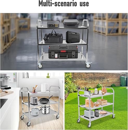 FAHKNS Stainless Steel Cart, 37.2' L X 19.2' W X 36.4' H 3 Layers Stainless Steel with Wheels, 330 LBS Weight Capacity, Rolling Cart with Lockable Universal Wheels, for Kitchen, Lab, Clinic, Salon - Poueer