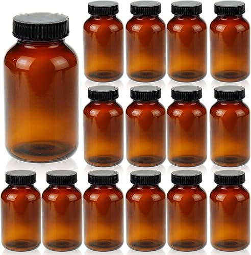 200 ml(6.7 OZ) Amber Glass Wide Mouth Packer Bottle with Black Ribbed Cap, Pack of 24 bottle - Poueer