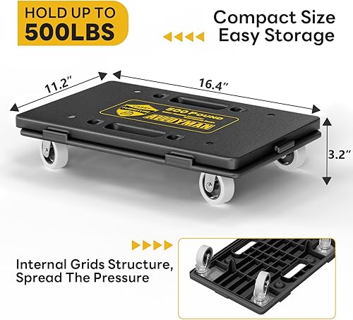Furniture Dolly,Furniture Movers with Wheels, 500 lbs Capacity, Moving Dolly Cart Heavy Duty,4 Wheels Small Flat cart for Moving Heavy Duty,2 Pack,Black - Poueer