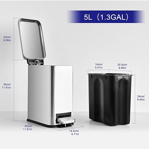 12 Gallon Trash Can, Stainless Steel Trash Can with Fingerprint-Resistant, Removal Inner Buck &Soft Close Plastic Lid, Step Garbage Can for Kitchen and Office, 45 Liter Capacity - Poueer