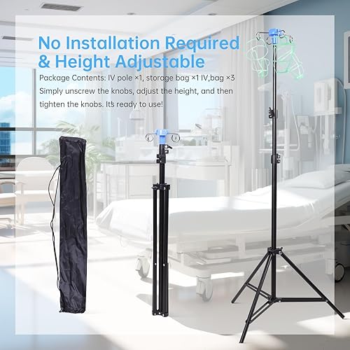 2 Pcs WONDSIGHIN Foldable IV Pole Portable, Collapsible IV Pole Stand with 3 Nets for Drip Bag, Tripod IV Pole Stand Adjustable, 4 Hooks 3 Legs for Nursing Clinic Home Care Travel, Stable, White - Poueer