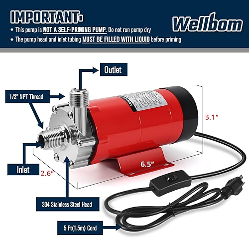 Wort Pump for Beer, Food Grade Homebrew Brewing Pump 304 Stainless Head Wort Temp with 1/2'NPT Thread Head Quick Disconnect & Inline Switch - Poueer