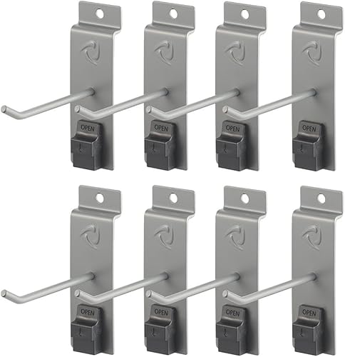 TRINITY Heavy Duty Slatwall Single Hooks with Spring-Lock, 4-Inches, Gray, 8-Pack - Poueer