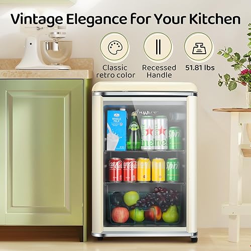 4.9 Cu.Ft Retro Small Beverage Refrigerator Cooler with Double Tempered Glass Door, 120 Can Wine Drink Beer Mini Fridge for Office Bedroom Bar with 7 Temperatures, Adjustable Shelves, Red - Poueer