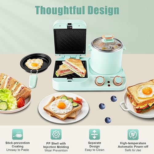3in1 Breakfast Station, Household Electric Breakfast Maker, Electric Mini Toaster Bread Breakfast Machine Sandwich Maker, Breakfast Sandwich Maker with Frying Pan&Boiling Pot, Food Steamer - Poueer