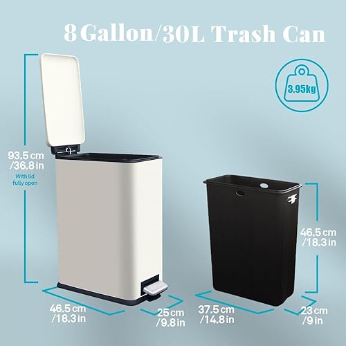 12 Gallon Trash Can, Stainless Steel Trash Can with Fingerprint-Resistant, Removal Inner Buck &Soft Close Plastic Lid, Step Garbage Can for Kitchen and Office, 45 Liter Capacity - Poueer