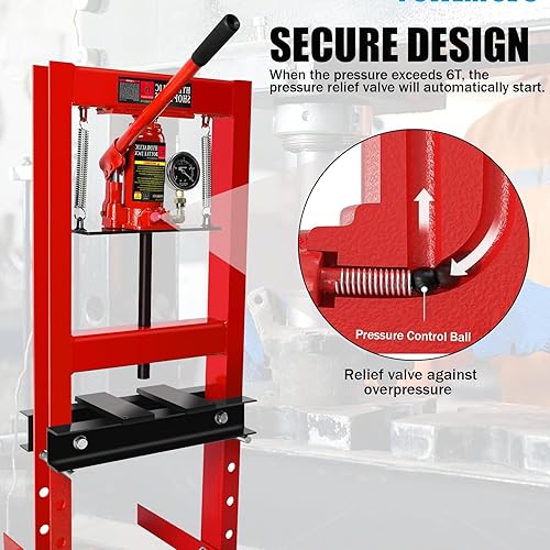 6 Ton Hydraulic Press, H-Frame Garage Floor Adjustable Shop Press with Built-in Relief Valve Pressure Gauge, Hydraulic Shop Press to Bend Straighten Press Parts Install Bearings U-Joints, Red - Poueer