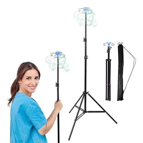 2 Pcs WONDSIGHIN Foldable IV Pole Portable, Collapsible IV Pole Stand with 3 Nets for Drip Bag, Tripod IV Pole Stand Adjustable, 4 Hooks 3 Legs for Nursing Clinic Home Care Travel, Stable, White - Poueer