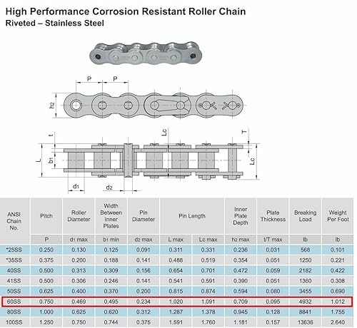 Jeremywell 60SS Stainless Steel Roller Chain 10 Feet with 2 Connecting Links - Poueer