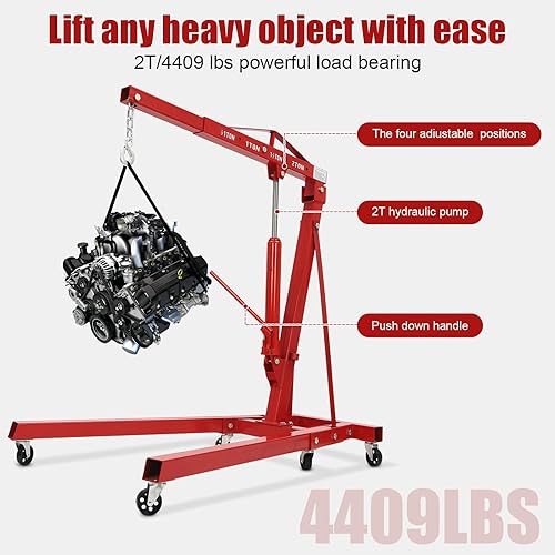 Engine Hoist with Lever, 2 Ton 4409lb Heavy Duty Folding Shop Crane with 6 Casters Cherry Picker Shop Crane Hoist Lift, Engine Lift Lever for Engine Lift Loading(Sent in 2 packages, red) - Poueer