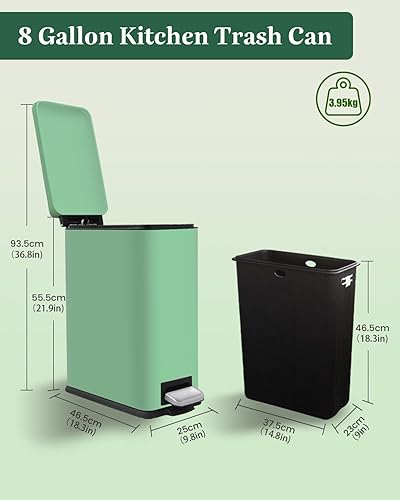 12 Gallon Trash Can, Stainless Steel Trash Can with Fingerprint-Resistant, Removal Inner Buck &Soft Close Plastic Lid, Step Garbage Can for Kitchen and Office, 45 Liter Capacity - Poueer