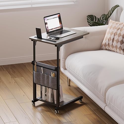 Over The Bed Table with Wheels Rolling Cart Tilting Sofa Laptop Stands Hospital Tray Medical OverbedTables-Black - Poueer