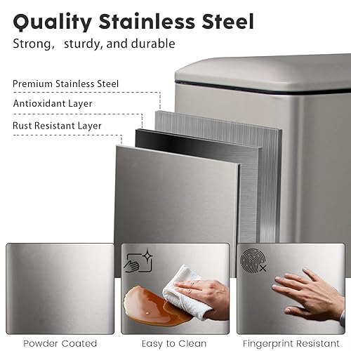 12 Gallon Trash Can, Stainless Steel Trash Can with Fingerprint-Resistant, Removal Inner Buck &Soft Close Plastic Lid, Step Garbage Can for Kitchen and Office, 45 Liter Capacity - Poueer