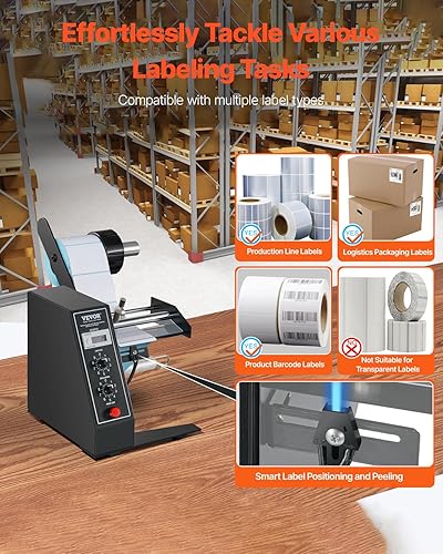 VEVOR Automatic Label Dispenser, Width 0.6-4.9 in, Length 0.1-5.9 in, Electric Label Stripper Separator Machine, with Speed Adjustable, Photoelectric Sensor, Clear LCD Display, Auto Counting 0-999999 - Poueer