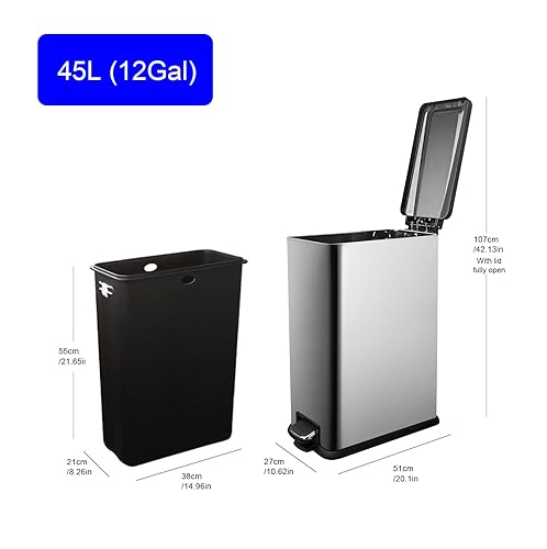 12 Gallon Trash Can, Stainless Steel Trash Can with Fingerprint-Resistant, Removal Inner Buck &Soft Close Plastic Lid, Step Garbage Can for Kitchen and Office, 45 Liter Capacity - Poueer