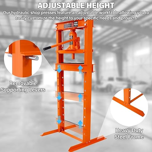 6 Ton Hydraulic Press, H-Frame Garage Floor Adjustable Shop Press with Built-in Relief Valve Pressure Gauge, Hydraulic Shop Press to Bend Straighten Press Parts Install Bearings U-Joints, Red - Poueer