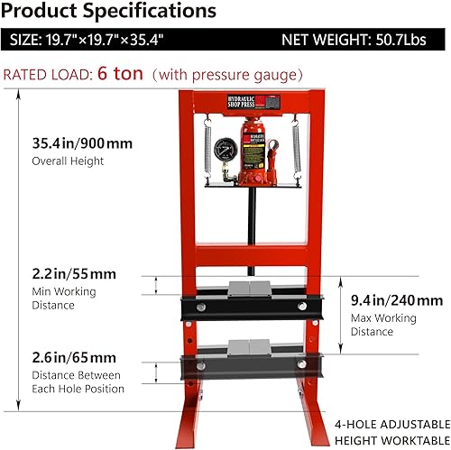 6 Ton Hydraulic Press, H-Frame Garage Floor Adjustable Shop Press with Built-in Relief Valve Pressure Gauge, Hydraulic Shop Press to Bend Straighten Press Parts Install Bearings U-Joints, Red - Poueer