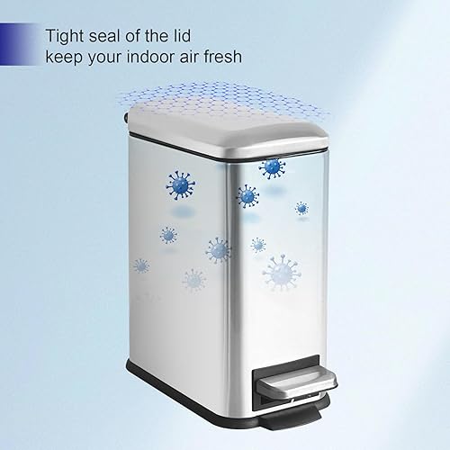 12 Gallon Trash Can, Stainless Steel Trash Can with Fingerprint-Resistant, Removal Inner Buck &Soft Close Plastic Lid, Step Garbage Can for Kitchen and Office, 45 Liter Capacity - Poueer