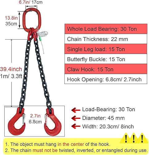 Lifting Chains with Hooks, Chain Slings for Lifting with Inspection Certificate, Lifting Chain Sling for Cargo Security Towing and Handling(2 Ton) - Poueer