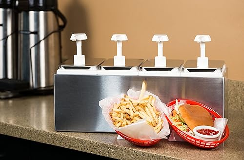 Carlisle FoodService Products Condiment Rail Condiment Center with 4 Standard Pumps for Gas Stations, Restaurants, and Fast Food Stainless Steel, 19.25 X 7.75 X 12.5 Inches, Silver - Poueer