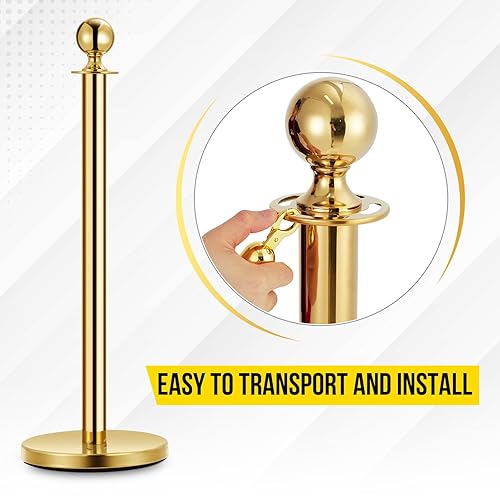 Stanchion Post with Velvet Rope, VIP Stanchion Queue Pole Barrier Posts, Red Carpet Stanchion Set, Gold 10-Pack - Poueer