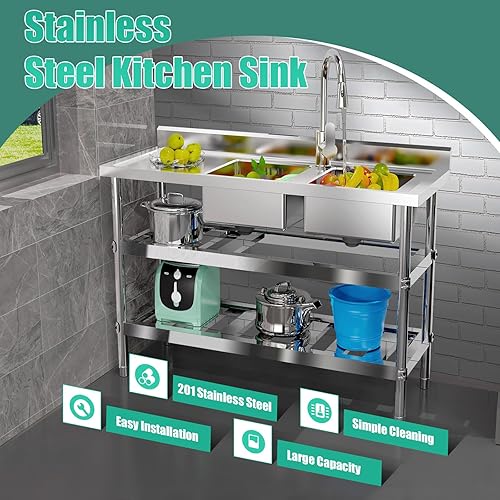 Commercial Kitchen Sink with Pull-Out Faucet Free Standing 201 Stainless Steel 2-Compartment Utility Sink, Workbench, and Water Pipe - Ideal for Restaurants and Heavy-Duty Cleaning - Poueer