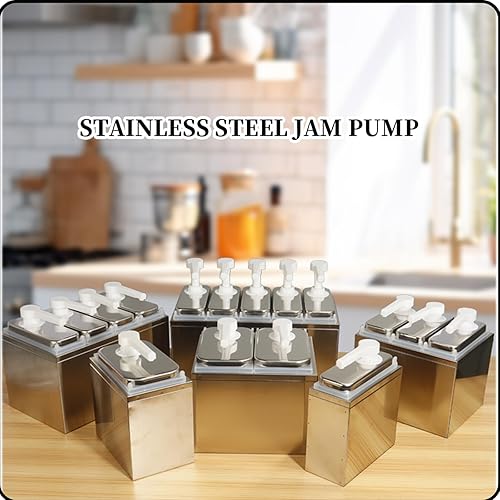 Condiment Pump Dispenser, Stainless Steel Ketchup Pump Dispenser with Measuring Jigger Set-Detachable Leak-Proof Design|for Sauce Honey Syrup Dressing|Commercial & Home Kitchen Use (2L-4jars) - Poueer