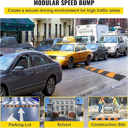 VEVOR Rubber Speed Bump, 1 Pack 2 Channel Speed Bump Hump, 72' Long Modular Speed Bump Rated 22000 LBS Loading, 72.8 x 12.2 x 2.2 Garage Speed Bump for Asphalt Concrete Gravel Driveway with 2 End Cap - Poueer