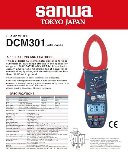 Japan Sanwa DCM301 AC Clamp Meters Low Cost & DMM Functions SANWA (DCM301) - Poueer