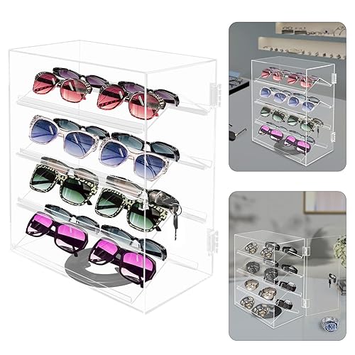 4 Tiers Rotating Acrylic Display Case, Clear Acrylic Eyewear Showcase with V-Shaped Shelves & Lock, Countertop Display Box for Jewelry, Watches, Glasses - Poueer