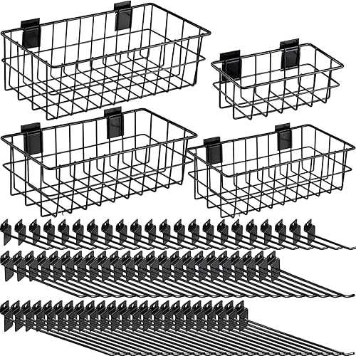 94 Pcs Slatwall Accessory 4 Metal Slatwall Baskets 90 Slatwall Hooks 4'' 6'' 8'' Slat Wall Hooks Hanging Storage Baskets for Shops Rooms Garage Storage Display Slatwall Panels(Black) - Poueer